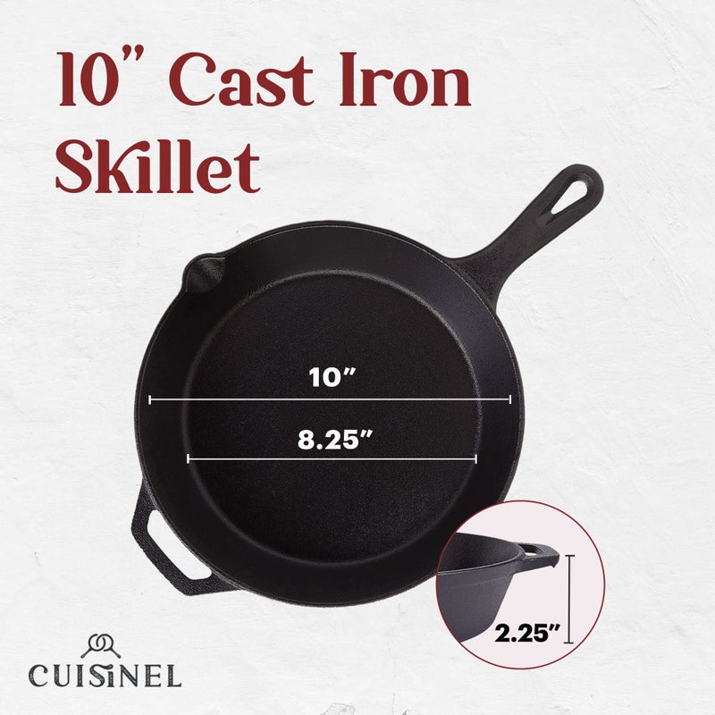Cuisinel Cast Iron Skillet - 10"-Inch Frying Pan with Pour Spouts + Pan Scraper + Silicone Grip Handle Cover Holder - Pre-Seasoned Oven Cookware - Indoor/Outdoor Use - Stovetop, Induction. PFAS and PFOA-free - Image 4
